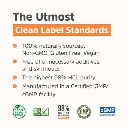 Clean Label Berberine® - Ultra Pure 98% Berberine HCl - No Magnesium Stearate, Methylcellulose, or Maltodextrin - 90 Capsules