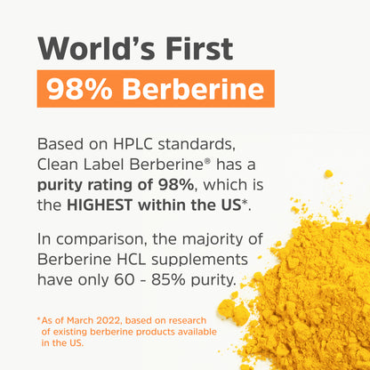Clean Label Berberine® - Ultra Pure 98% Berberine HCl - No Magnesium Stearate, Methylcellulose, or Maltodextrin - 90 Capsules