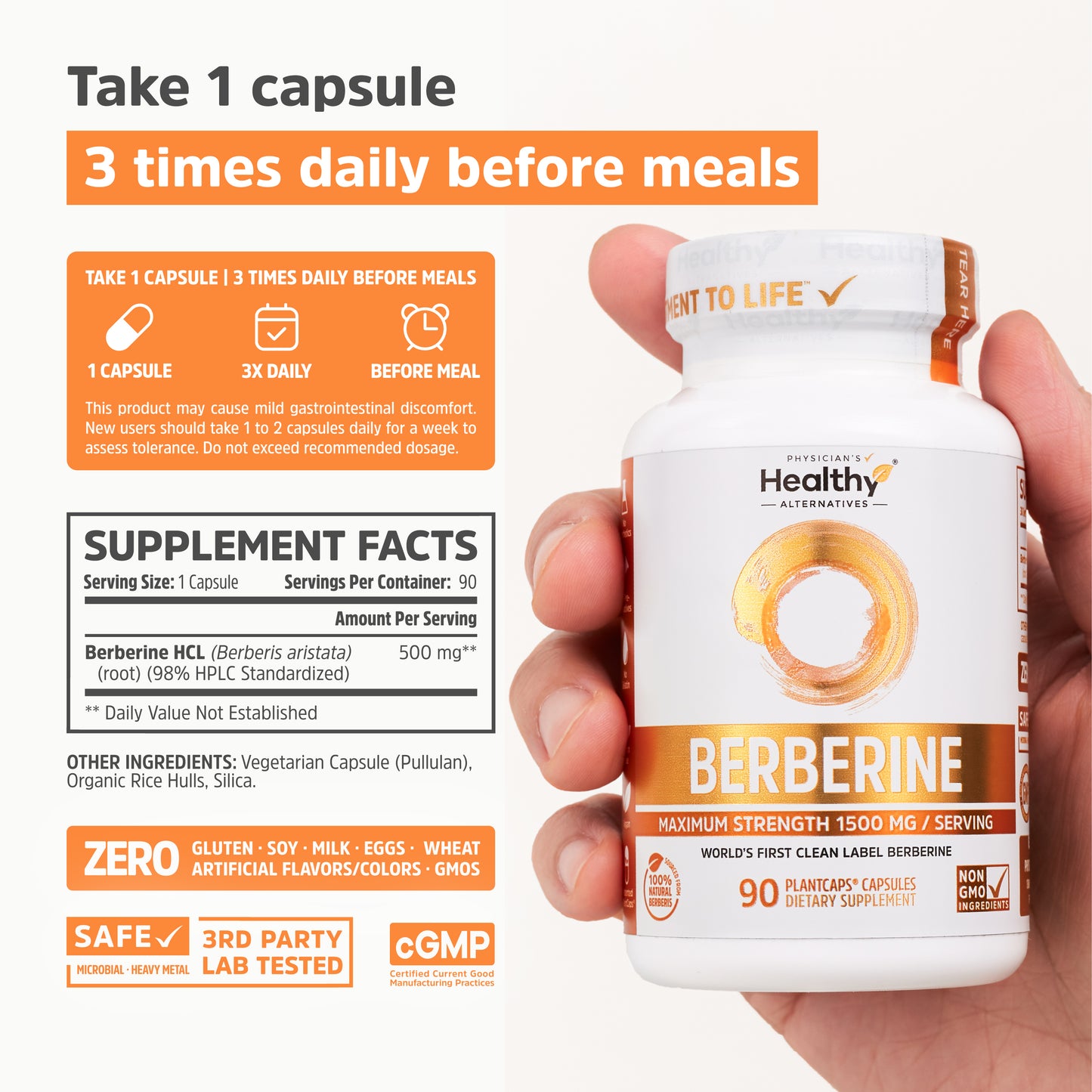 Clean Label Berberine® - Ultra Pure 98% Berberine HCl - No Magnesium Stearate, Methylcellulose, or Maltodextrin - 90 Capsules