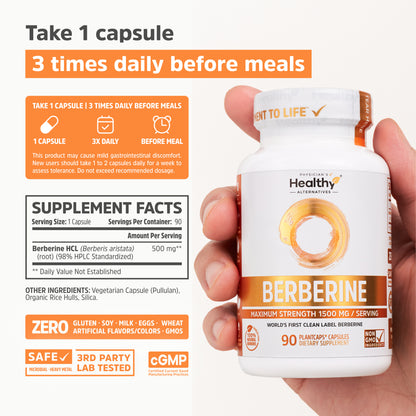 Clean Label Berberine® - Ultra Pure 98% Berberine HCl - No Magnesium Stearate, Methylcellulose, or Maltodextrin - 90 Capsules